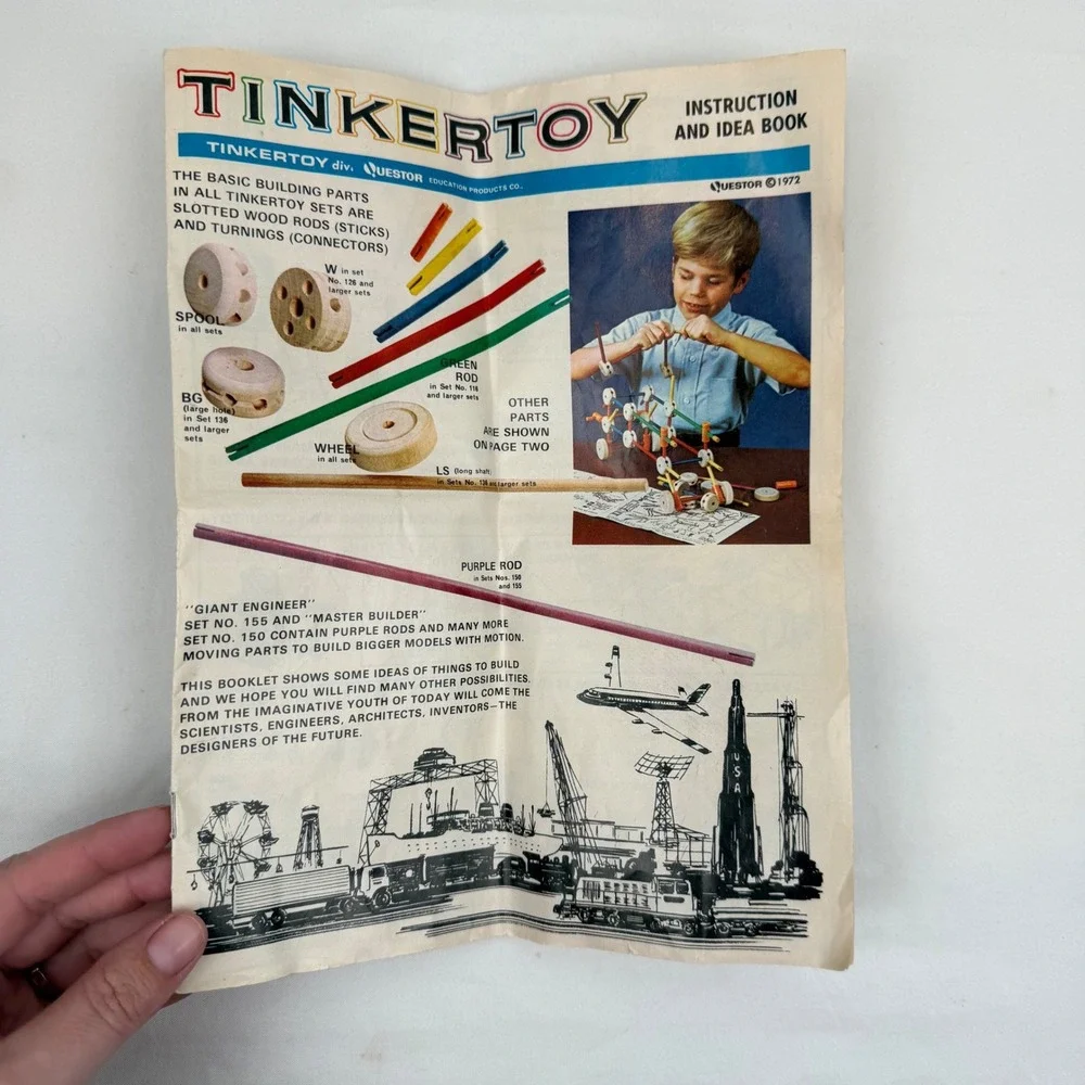 Vintage 1972 Tinkertoy No. 155 Wood Building Set w/ Canister & Manual Incomplete